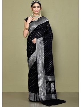 Embroidered, Woven, Floral Print Banarasi Silk Blend Saree (Black) – Griiham