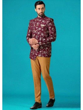 Magenta Floral Printed Asymmetric Bandhgala Jodhpuri Suit