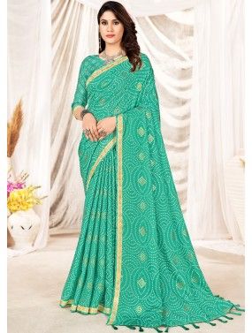 Turquoise Color Georgette Embroidered Ruffle Saree