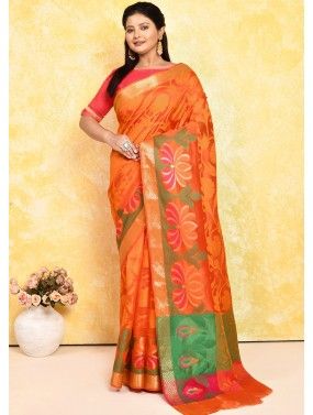 Orange Zari Woven Silk Detailed Saree 