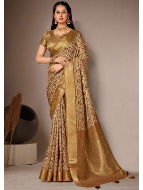 Golden Printed Bhagalpuri Silk Saree & Blouse
