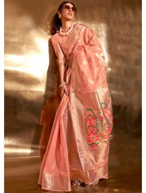 Peach Woven Bridal Saree In Banarasi Silk Latest 4754SR01