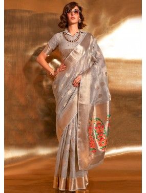 Grey WOVEN SOFT SILK SAREE WITH BLOUSE - 61&7NX - 4053762