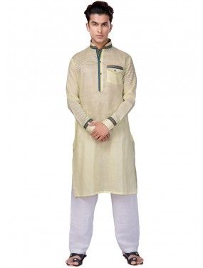 Yellow Cotton Readymade Pathani Suit
