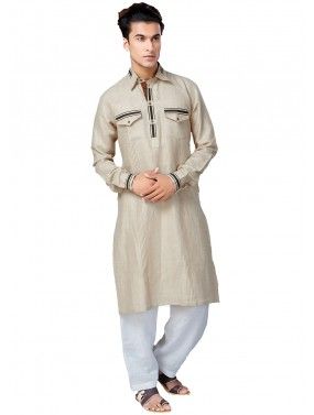 Beige Readymade Thread Work Pathani Suit
