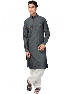 Grey Cotton Readymade Pathani Suit