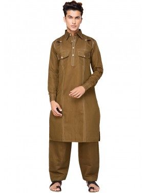 Readymade Brown Cotton Pathani Suit