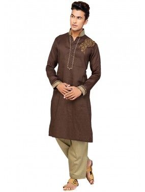 Brown Cotton Embroidered Pathani Suit