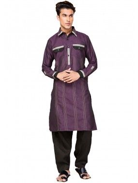 Purple Readymade Thread Work Pathani Suit