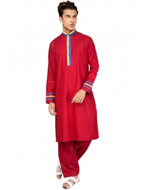 Red Cotton Readymade Pathani Suit