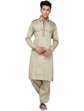 Beige Cotton Thread Work Pathani Suit