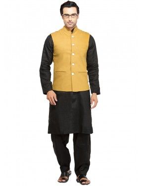 Black Cotton Pathani Suit With Nehru Jacket