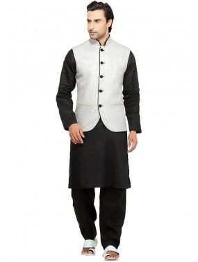Black Readymade Pathani Suit With Nehru Jacket