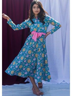 Turquoise Floral Block Printed Indo Western Bow Dress