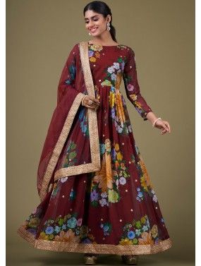 Maroon Anarkali Suit In Digital Floral Print