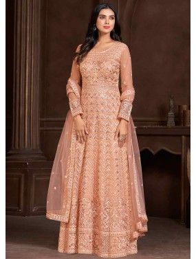 Peach Embroidered Readymade Anarkali Suit In Net