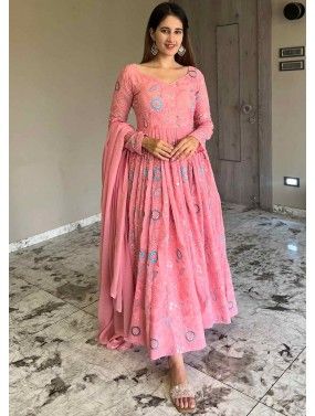Pink Readymade Embroidered Georgette Anarkali Suit