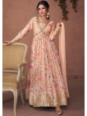 Peach Anarkali Suit Set In Floral Print