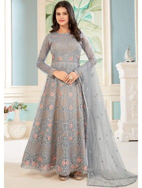 Grey Embroidered Anarkali Suit In Net