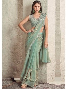 Embroidered Georgette Party Wear Saree in Green with Blouse - SR23293