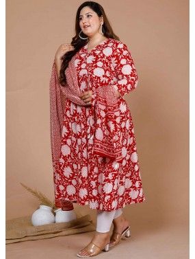 Red Floral Printed Anarkali Suit Set In Cotton