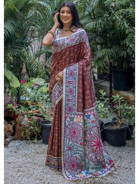 Brown Printed Saree In Tussar Silk