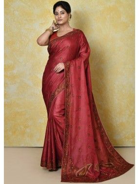 Red Resham Work Saree In Art Silk