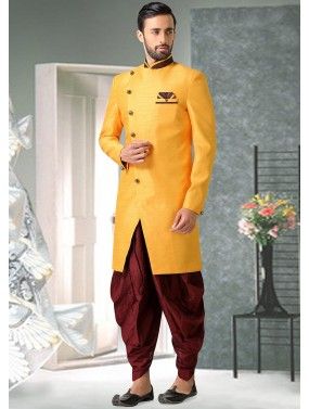Yellow Silk Readymade Sherwani With Dhoti