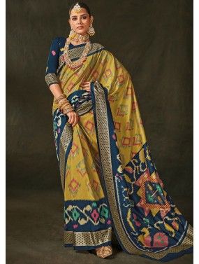 Yellow Printed Silk Saree With Blouse