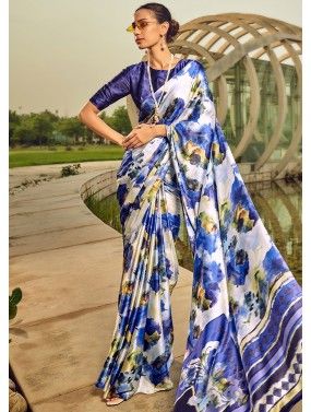 White Floral Printed Saree With Blouse Latest 4176SR01