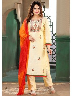 Beige Embroidered Readymade Pant Suit Set