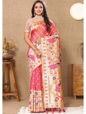 Pink Zari Woven Saree In Paithani Silk