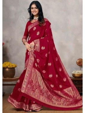 Red Viscose Saree In Woven Work