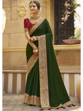 Green Embroidered Chiffon Saree For Festive