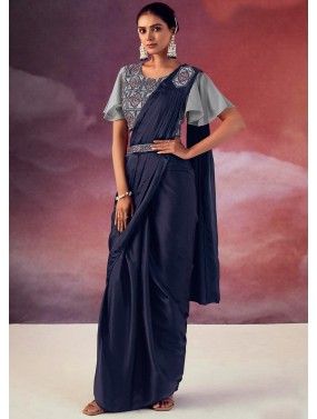 Navy Blue Pre-Stitched Embroidered Saree