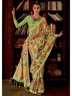 Green Silk Saree With Floral Print Blouse Saree 4786SR05