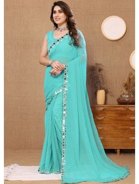 Turquoise Embroidered Saree In Chiffon