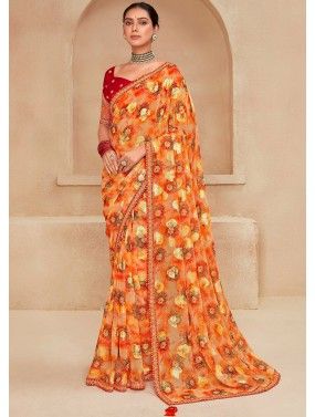 Orange Art Silk Saree In Digital Print