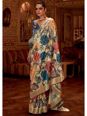 Beige Digital Floral Printed Saree In Art Silk