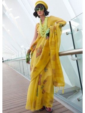 Yellow Printed & Zari  Tissue Silk Saree