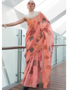 Peach Digital Printed Saree In Tissue Silk
