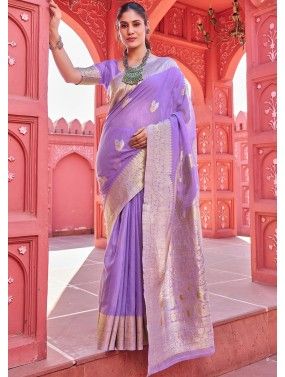 Purple Zari Woven Saree In Cotton
