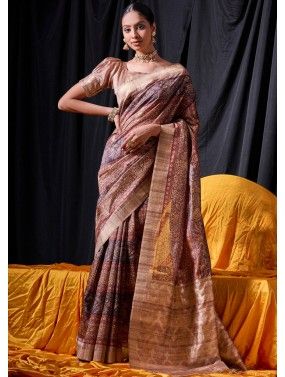 Brown Digital Printed Tussar Silk saree