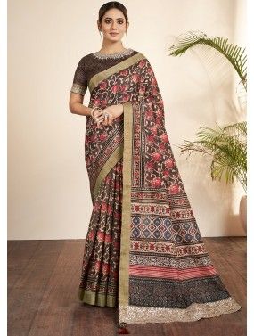 Brown Printed Saree In Art Silk