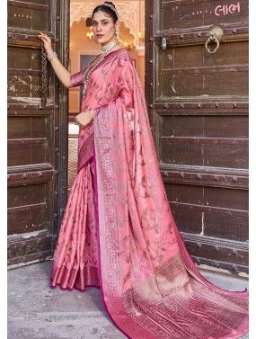 Pink Zari Woven Saree In Cotton