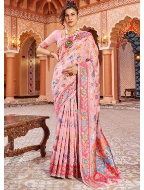 Pink Woven Saree In Cotton