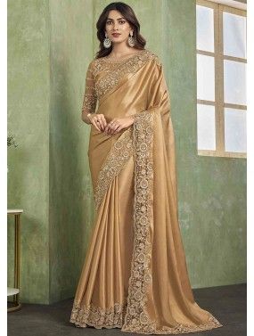 Golden Embroidered Saree In Silk
