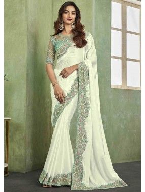 White Embroidered Saree In Silk