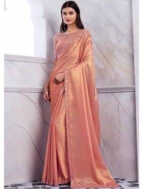 Peach Embroidered Shimmer Saree & Blouse