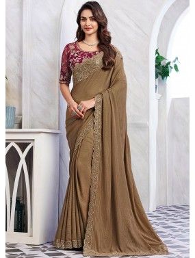 Dark Wood Brown Embroidered Saree In Shimmer
